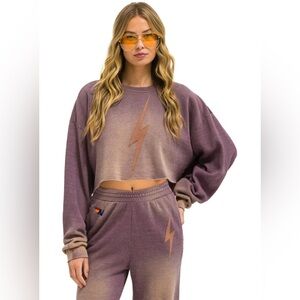 Aviator Nation NEW BOLT‎ STITCH CROPPED CREW SWEATSHIRT RELAXED - FADED MOCHA